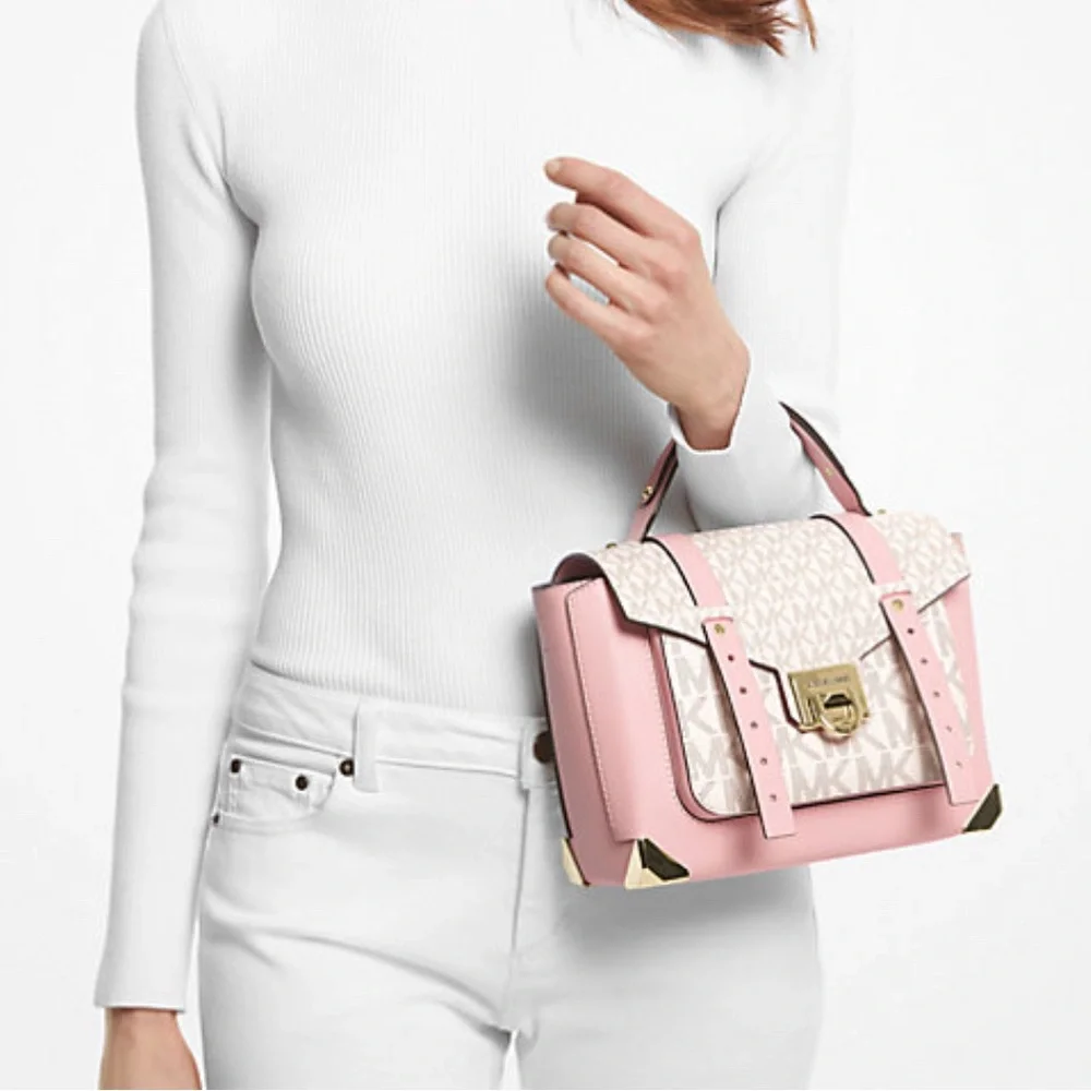 Michael Kors Manhattan Medium Leather and Logo Satchel - Powder Blush